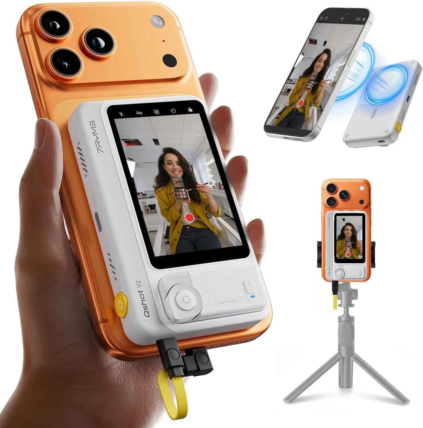 7RYMS Qshot V2 Wired Selfie Monitor Screen for Android/iPhone17/16, Magnetic Back Phone Monitor with 4K/60fps, Remote Control, Built-in Speaker, 1/4 Mount, Phone Vlog Monitor for TikTok YouTube(White)