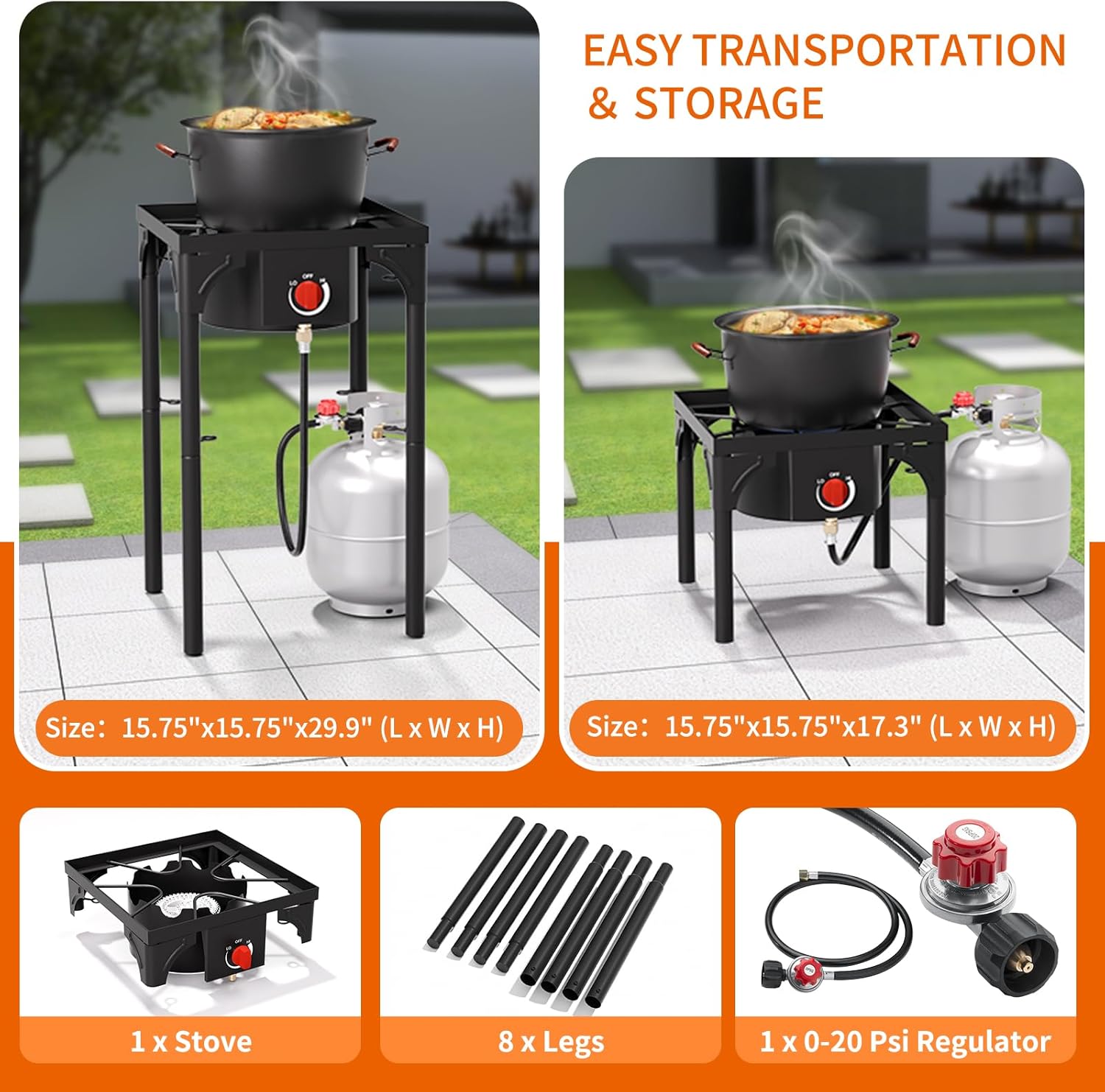 Propane Burner, 75,000 BTU High Pressure Single Gas Stove with 0-20 PSI Adjustable Regulator, Camping Stove with 8 Detachable Legs for Camping, Backyard, Tailgating, Outdoor Cooking