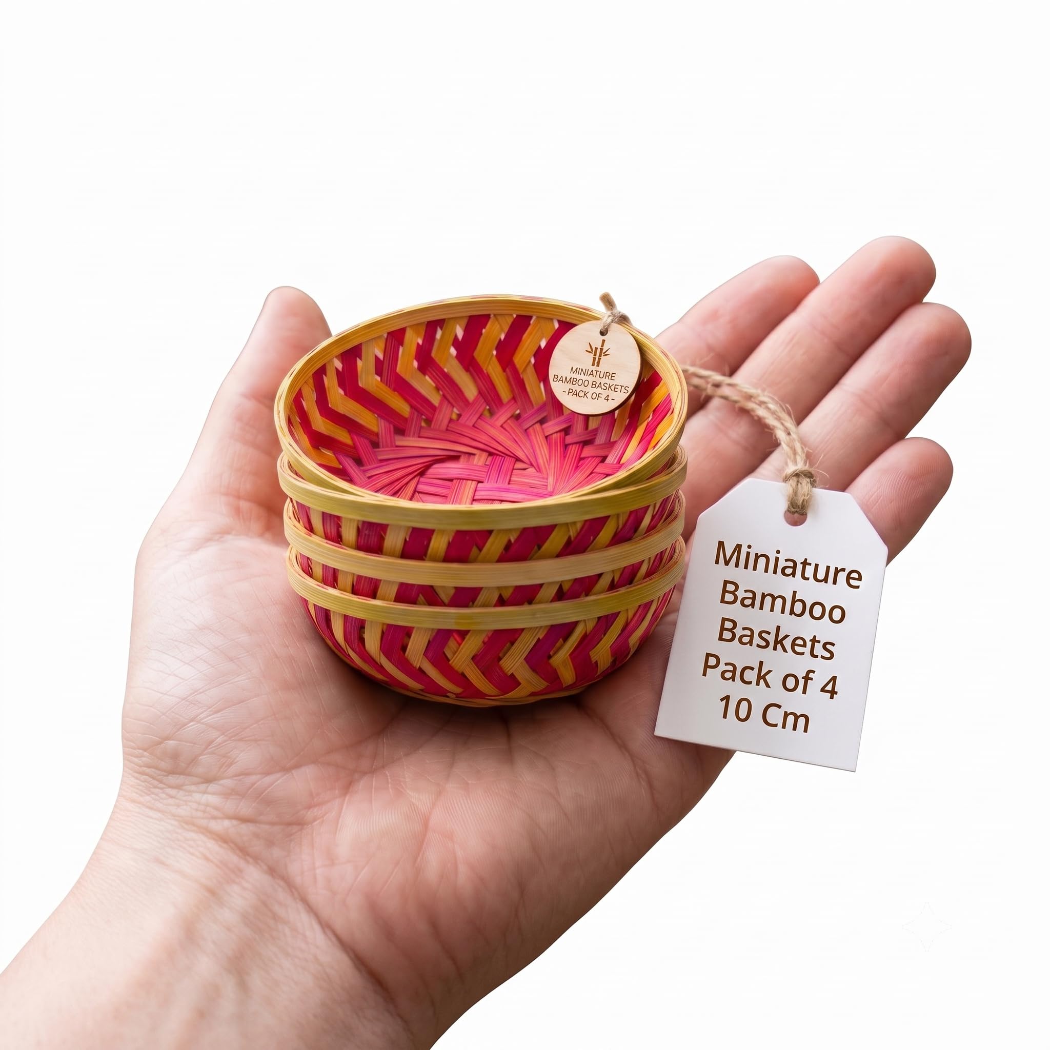 Bamboo Decorative Baskets, Red and Natural, Round Shape, Very Small Size 10 x 10 x 4 cm, Pack of 4-image-24