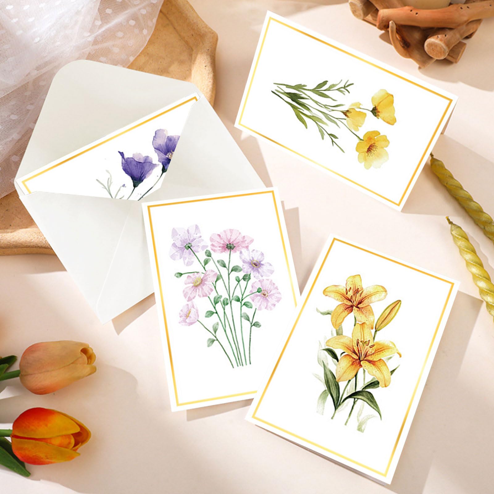 Cartes Voeux d'Anniversaire Fleuri avec Enveloppe Lot de 12