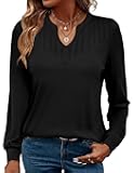 Rapbin Womens Long Sleeve Tops V Neck Dressy Casual T Shirts Trendy Pleated Tunic Shirts Loose Fit Basic Blouses
