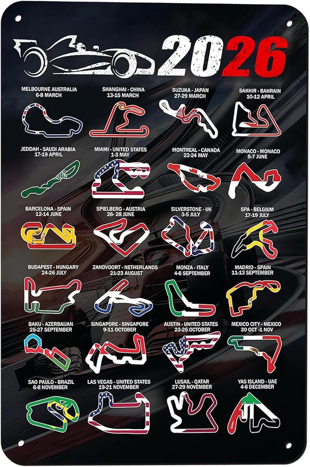 2026 F1 Calendar Metal Sign, Formula 1 Grand Prix Circuits Wall Art with Race Dates, Premium Gift for Racing Fans, Men, Car Lovers and Kids, F1 Merch for Man Cave, Garage, Bedroom Wall Decor