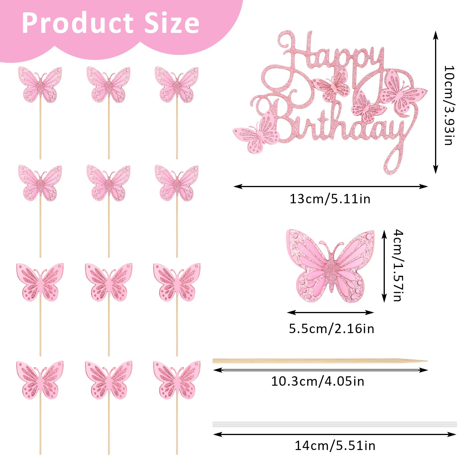 13 Pcs Pink Butterfly Cake Decorations 3D Pink Happy Birthday Cake Topper Birthday Cakes Toppers Butterfly Cupcake Topper for Girls Women Butterflies for Party Wedding Cakes Decor