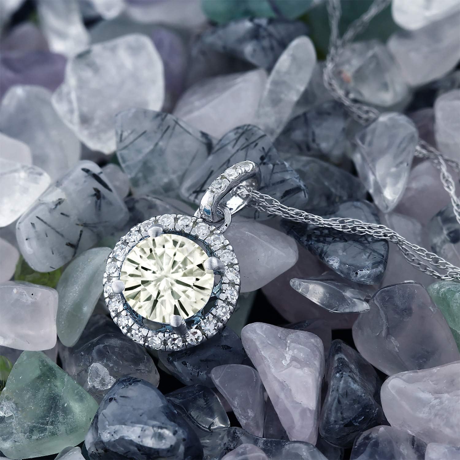 Gem Stone King 14K White Gold Moissanite and Diamond Solitaire Pendant Necklace For Women (0.97 Cttw, Round 6MM) - Image 2