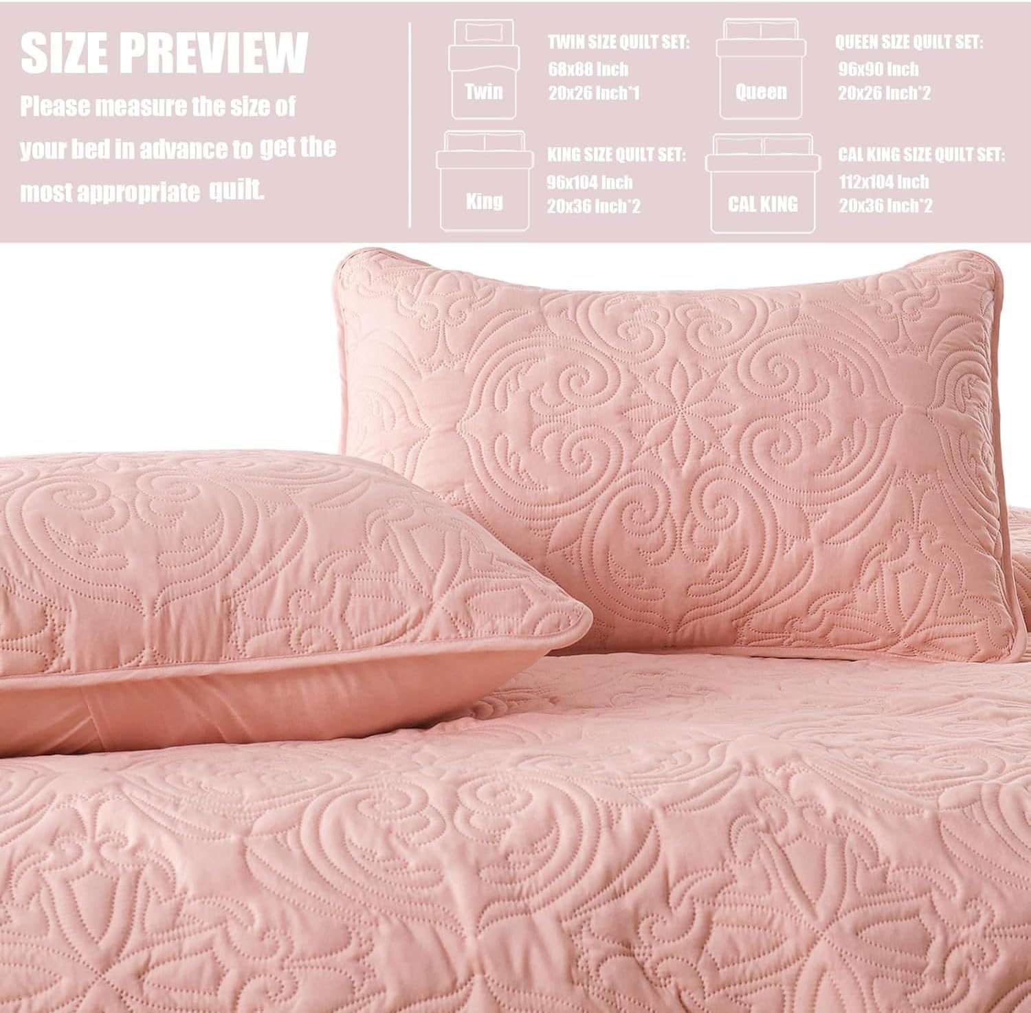 Exclusivo Mezcla Quilts Queen Size Bedding Set with 2 Pillow Shams, Lightweight Blush Pink Full Queen Quilt Bedspread with Vintage Damask Pattern, Soft Bedspreads Coverlets for All Seasons - Image 6