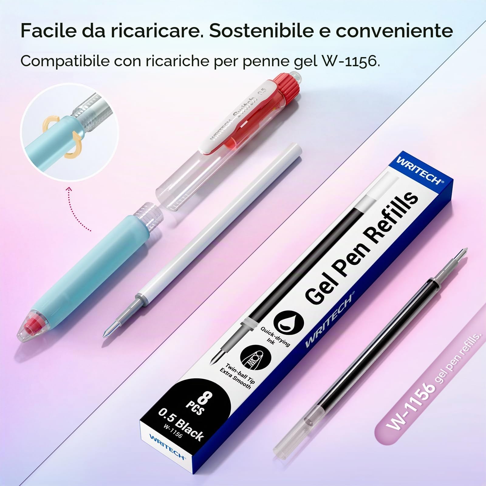 WRITECH Penne retraibili a inchiostro gel: 0,5 mm, inchiostro nero, cambia tra silenzioso e clic, impugnatura morbida, penna a punta fine per diario, scrittura fluida, asciugatura rapida, senza