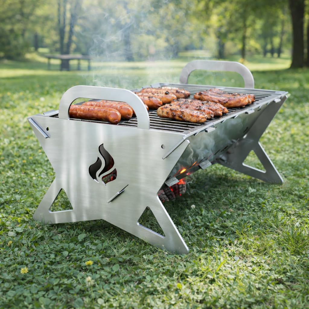 Składany grill kempingowy COMBO 3 mm – obudowa ze stali nierdzewnej + ruszt do grillowania INOX 1 mm – 505 × 296 mm – składany