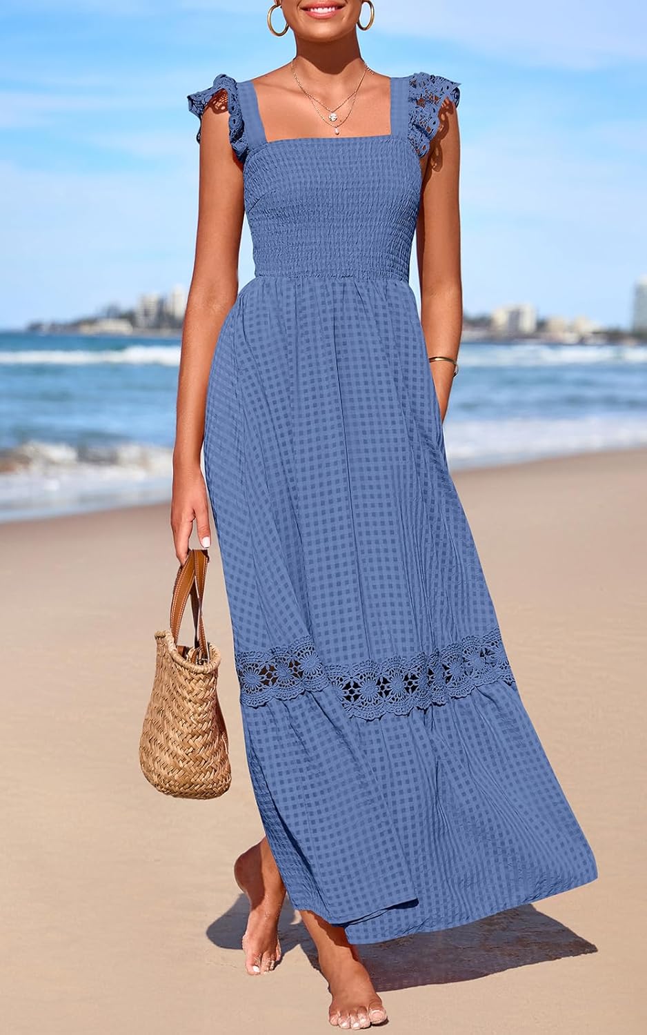 PRETTYGARDEN Women's Smocked Summer Maxi Dresses 2026 Ruffle Cap Sleeve Square Neck Lace Detail Flowy Sundress with Pockets - Image 3