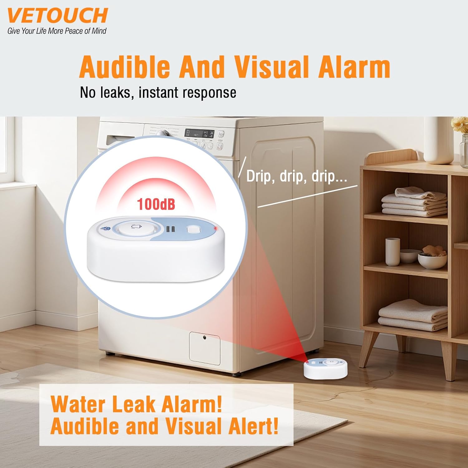 Water Leak Detector with Loud Alarm, 100dB Siren & LED Flash, Water Sensor Alarm for Home, Basement, Sump Pump, Kitchen, Bathroom, RV, Water Heater, Indoor Outdoor 5-Pack