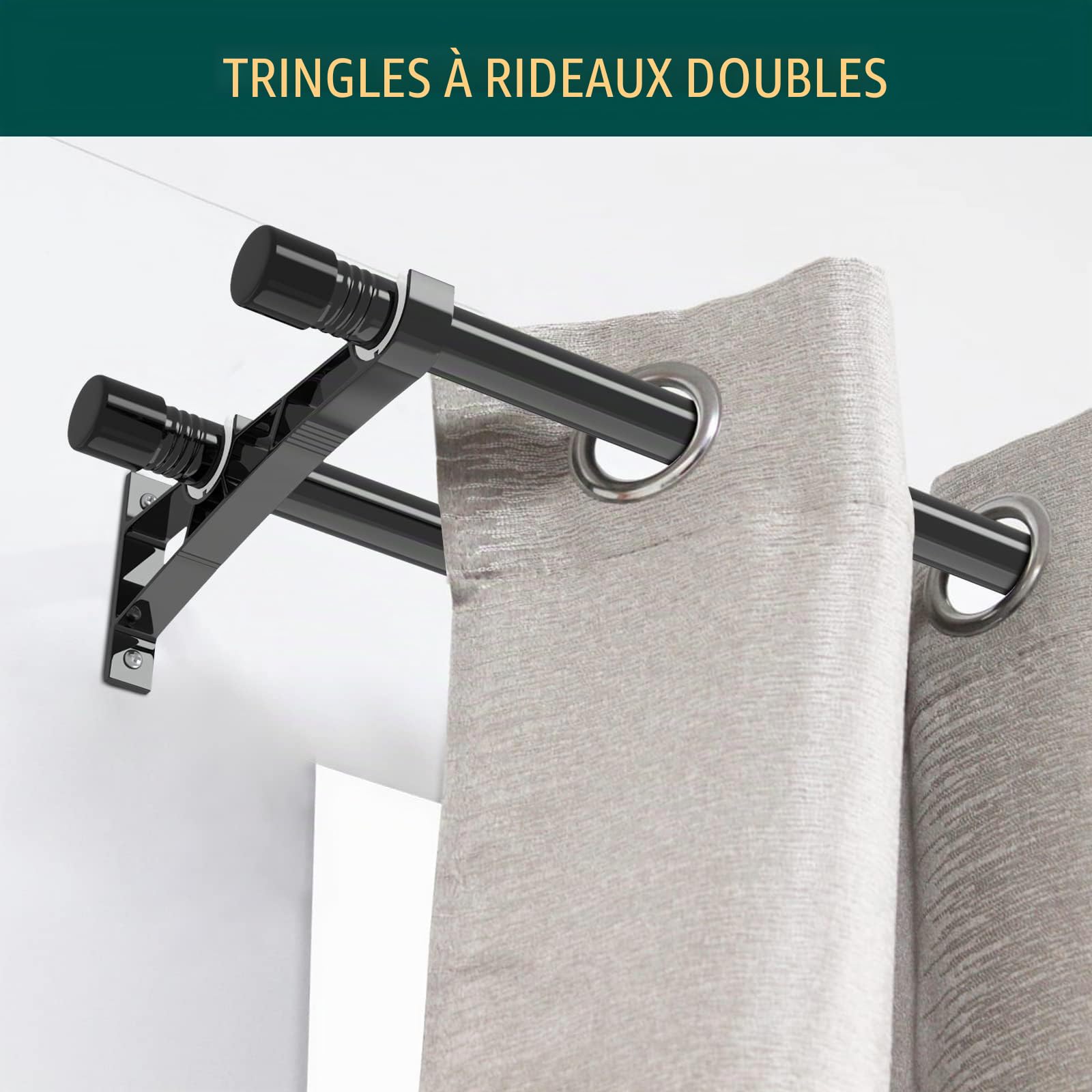 Tringle à rideaux double, tringle à rideaux noire 76-332cm, tringle à rideaux métal extensible, tringle à rideaux occultante pour rideaux à œillets Harrms Tringle à rideaux double, tringle à