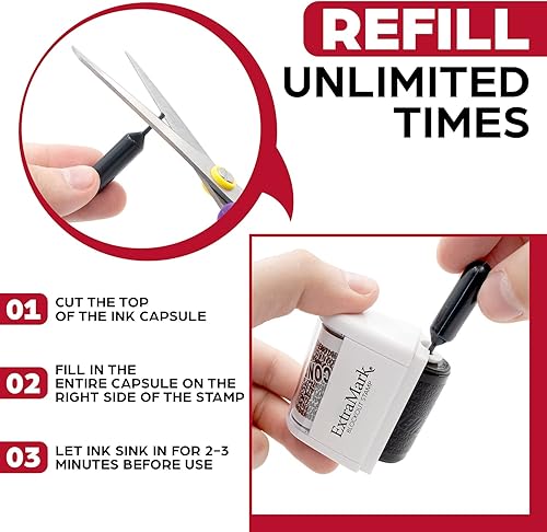 Miniatura 6 de ExtraMark Paquete de 2 sellos de bloqueo de protección contra robo de identidad, sello de rodillo con dos tubos de tinta de repuesto, unidad roja