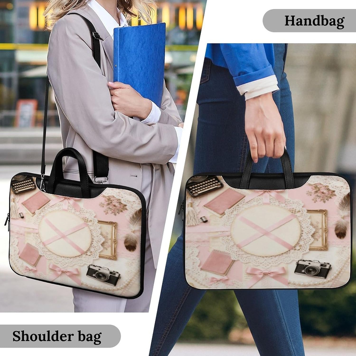 Pink Vintage Aesthetic Collage 42x30.5cm Black-style Laptop Bag Leather Tablet Computer Briefcase Large Capacity Work Business Tote Bags for Office image 2