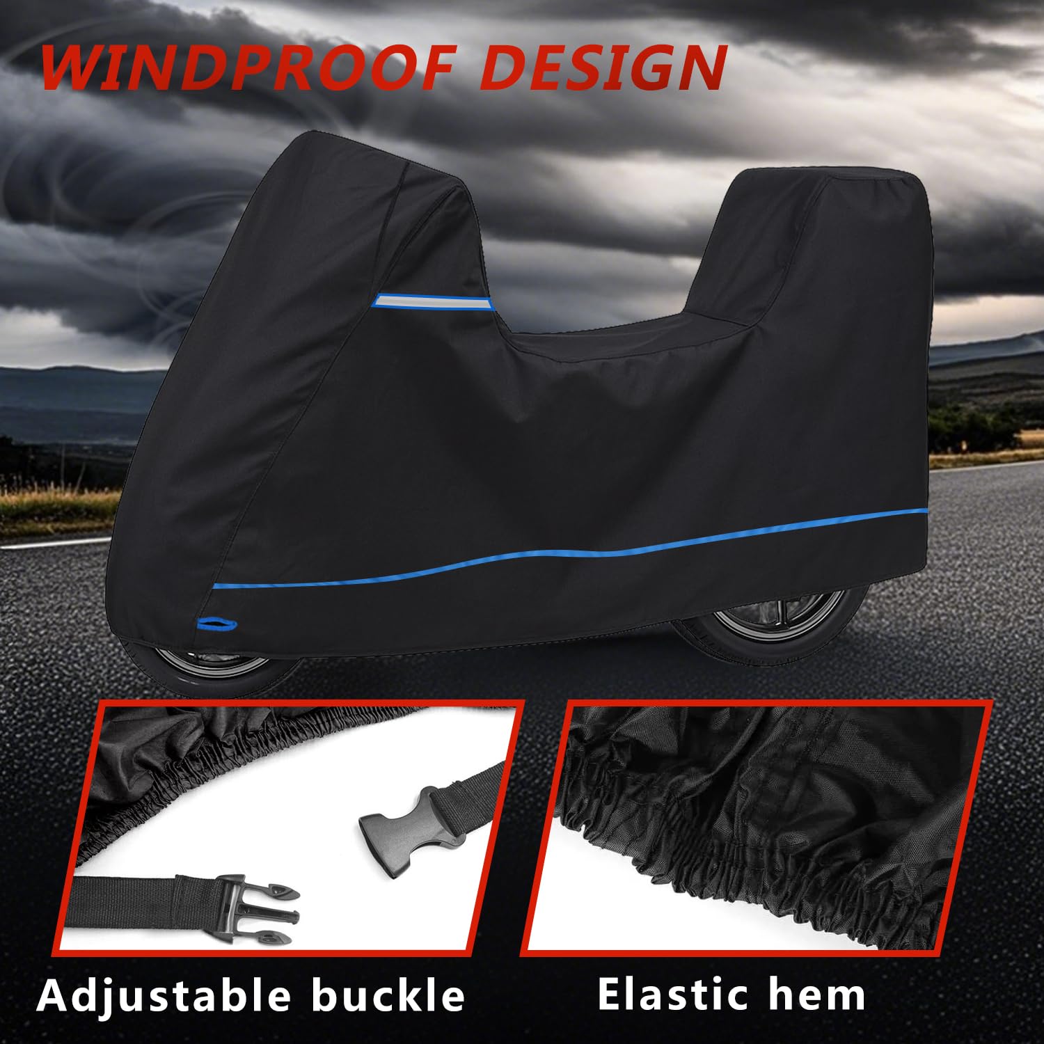 Funda para Harley （con Baúl）, Funda Moto para Honda, Cubre Moto para BMW, con Correas Antiviento y Cintas Reflectantes, Adecuada para Modelos de Suzuki, Kawasaki,Ducati,Triumph, etc.,240×100×145cm.