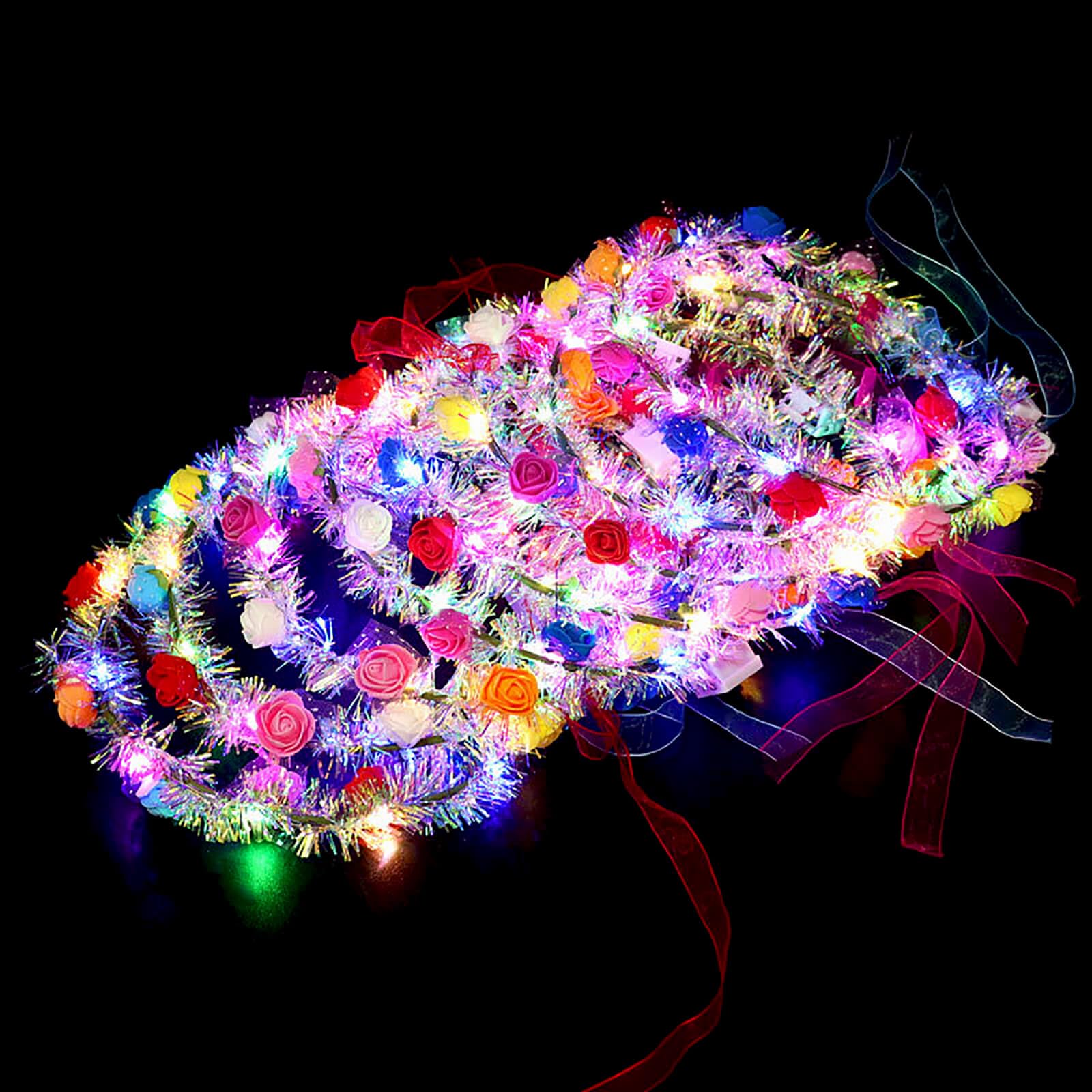 AmFor 22 Pcs LED Flower Headband Crown Set - Light Up Floral Wreath Crowns for Women, Glowing Headpiece for Wedding, Mardi Gras, Beach Party, Birthday, Cosplay, and Girls Headdress