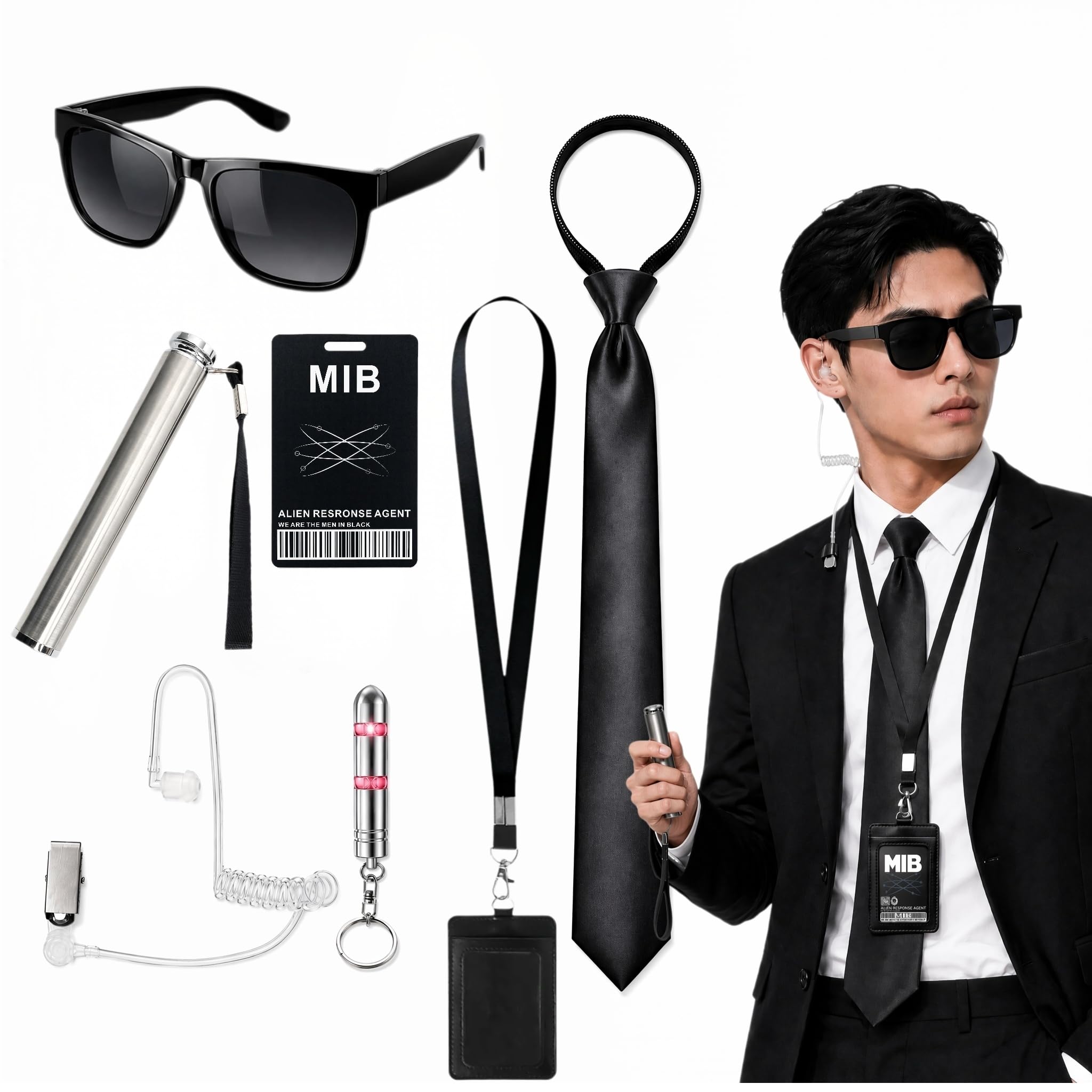 Agent Costume Accessories 6Pcs,Secret Security Service Spy Outfit With Eraser Keychain,Flashlight Tie Headset Sunglasses,Card Holder In Black Costume Men For Halloween World Book Day Cosplay(keychain)