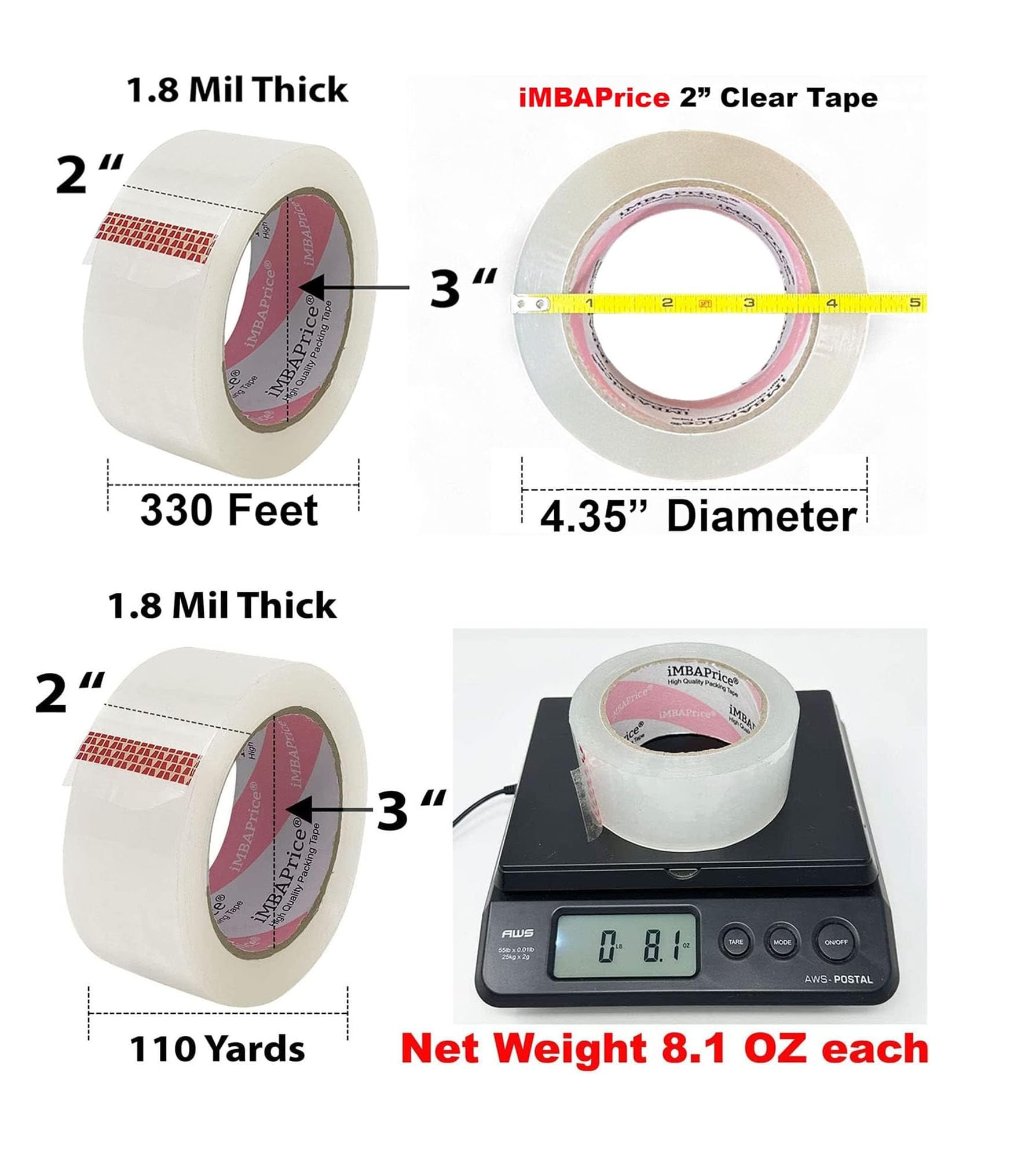 iMBAPrice Cinta selladora – 1 caja de Premium (36 rollos de 110 yardas) 36x330 pies de largo 2" de ancho ultra transparente