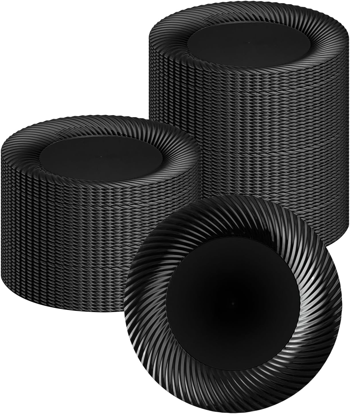 Moderna 9 Inch Premium Disposable Plates, 200 Round Plastic Plates For Parties - Wave Pattern, Heavy-duty, Black Plastic Dinner Plates, For Warm And Cold Foods, Ideal For Cafes - Restaurantware