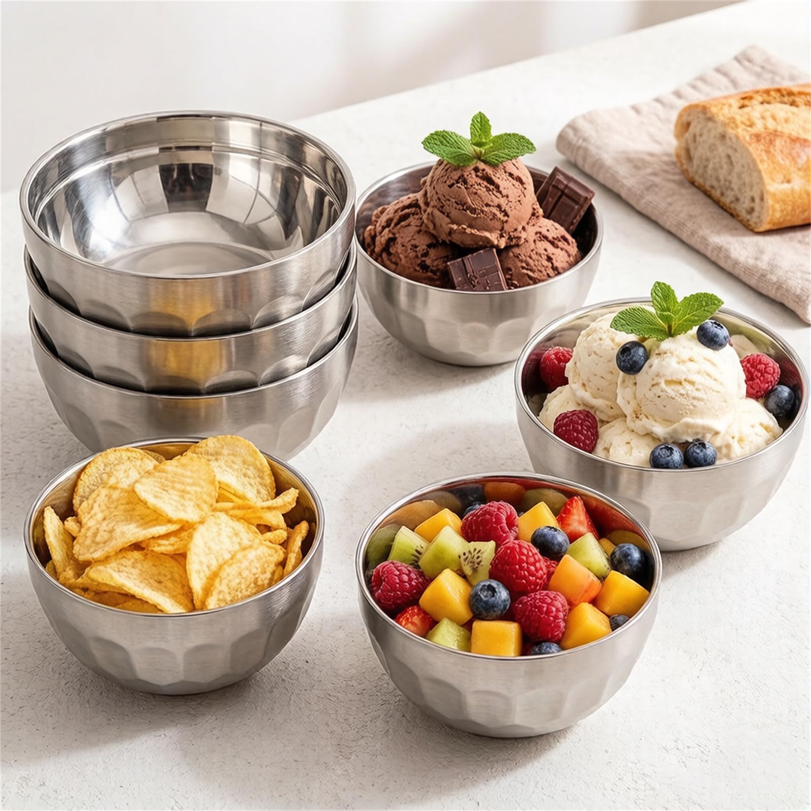 Okllen Lot de 6 bols à soupe en acier inoxydable 18/8 à double paroi en acier inoxydable 18/8 - 440 ml - Légers - Multifonctions - Pour riz, nouilles, fruits, céréales