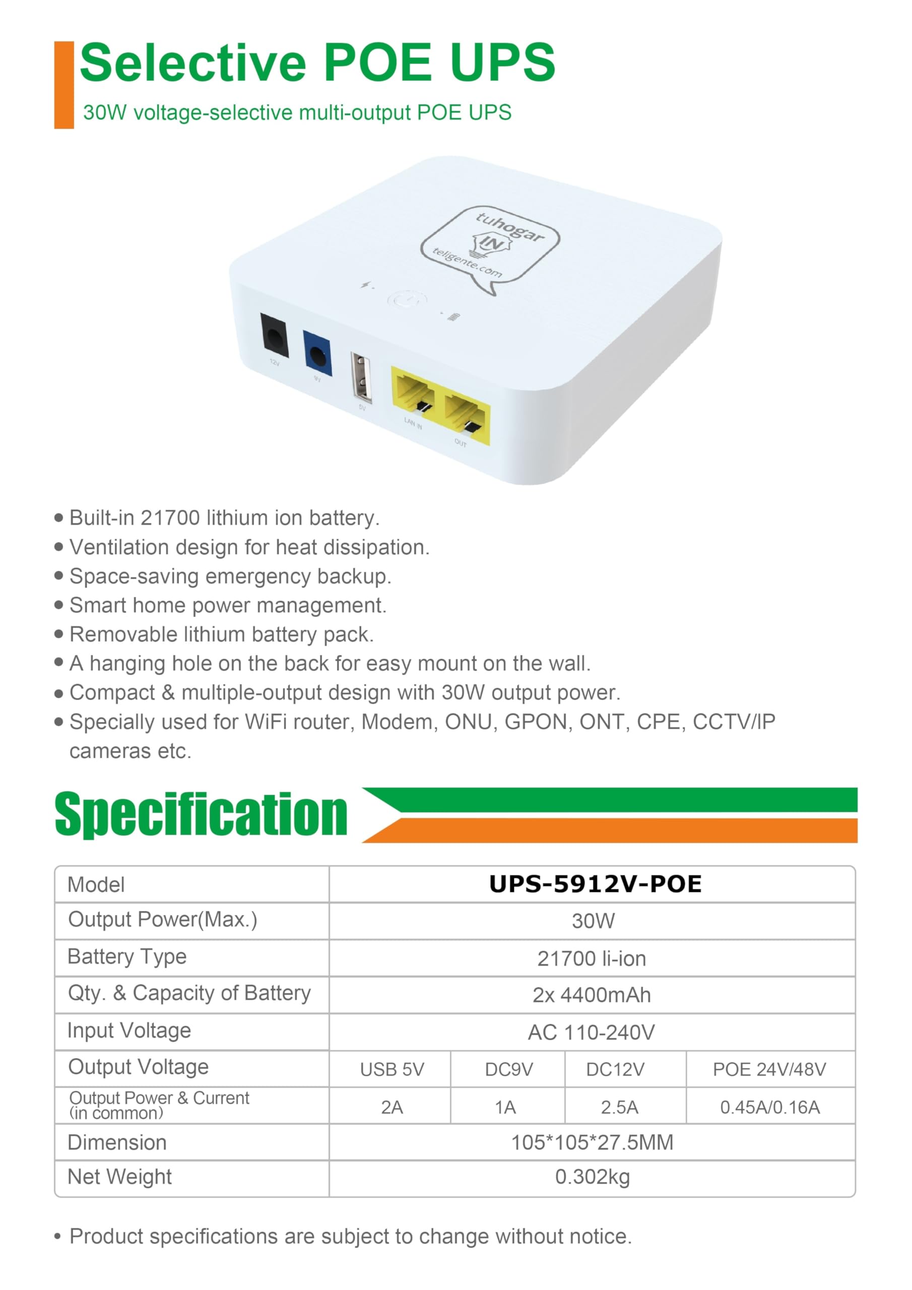 Mini UPS | Mini SAI AC-DC con Batería Interna 8800mAh | Salidas 5V/9V/12V/PoE | Ligero y Compacto Ideal para routers, cámaras IP, alarmas y Dispositivos DC, Protege Ante Cortes de luz y sobrecargas