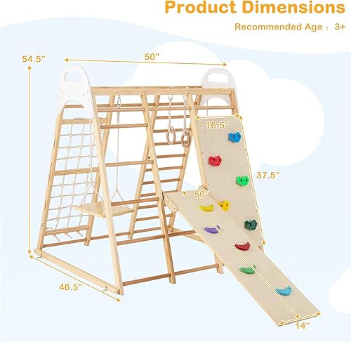 Miniatura 7 de HONEY JOY Gimnasio de la selva interior 8 en 1, juego de escalador de madera con columpio, tobogán, pared de roca escaladaredescalera, barras de