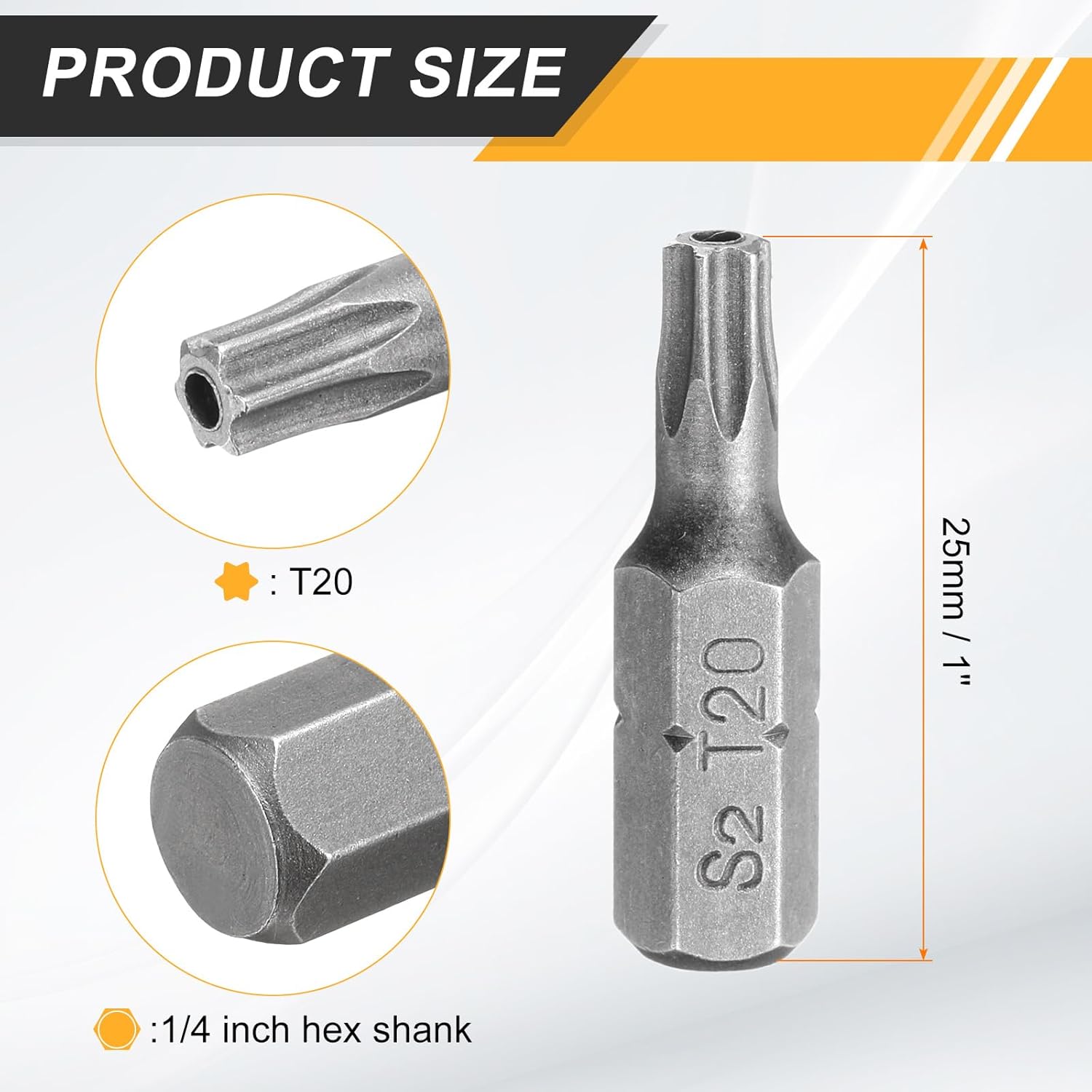 HARFINGTON 5pcs T20 Torx Screwdriver Bit 1/4" Hex Shank 25mm/1" Length S2 Steel Star 6 Point Head Hex Security Screw Driver Bits with Hole for Impact Electric Screw Driver Power Tools, Grey