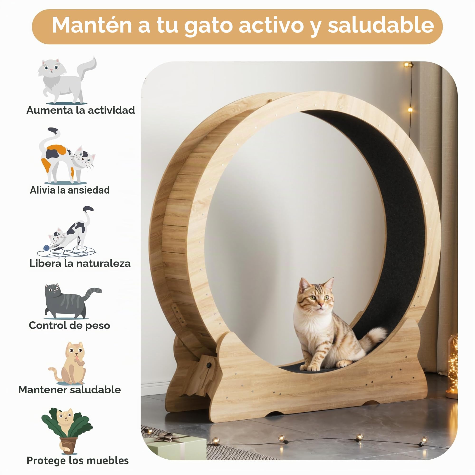 Mondeer Rueda para gatos, ejercicio para gatos de interior con pista alfombrada, cinta de correr XL de 43.3 pulgadas con alfombra extraíble, para correr y caminar (madera natural)