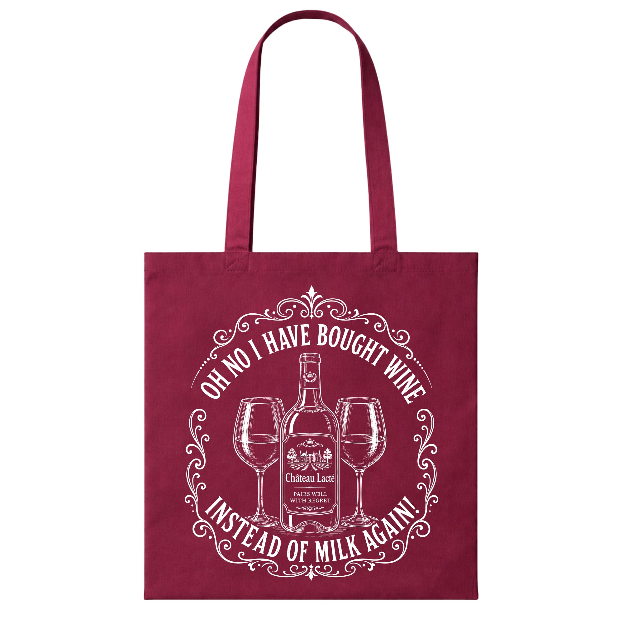 Funny Wine Lover Tote Bag for Women, Burgundy Oh No I Have Bought Wine Instead Of Milk Again, 38cm x 42cm 100% Cotton Reusable Shopping Bag, Eco Friendly Ladies Joke Gift, Printed in UK