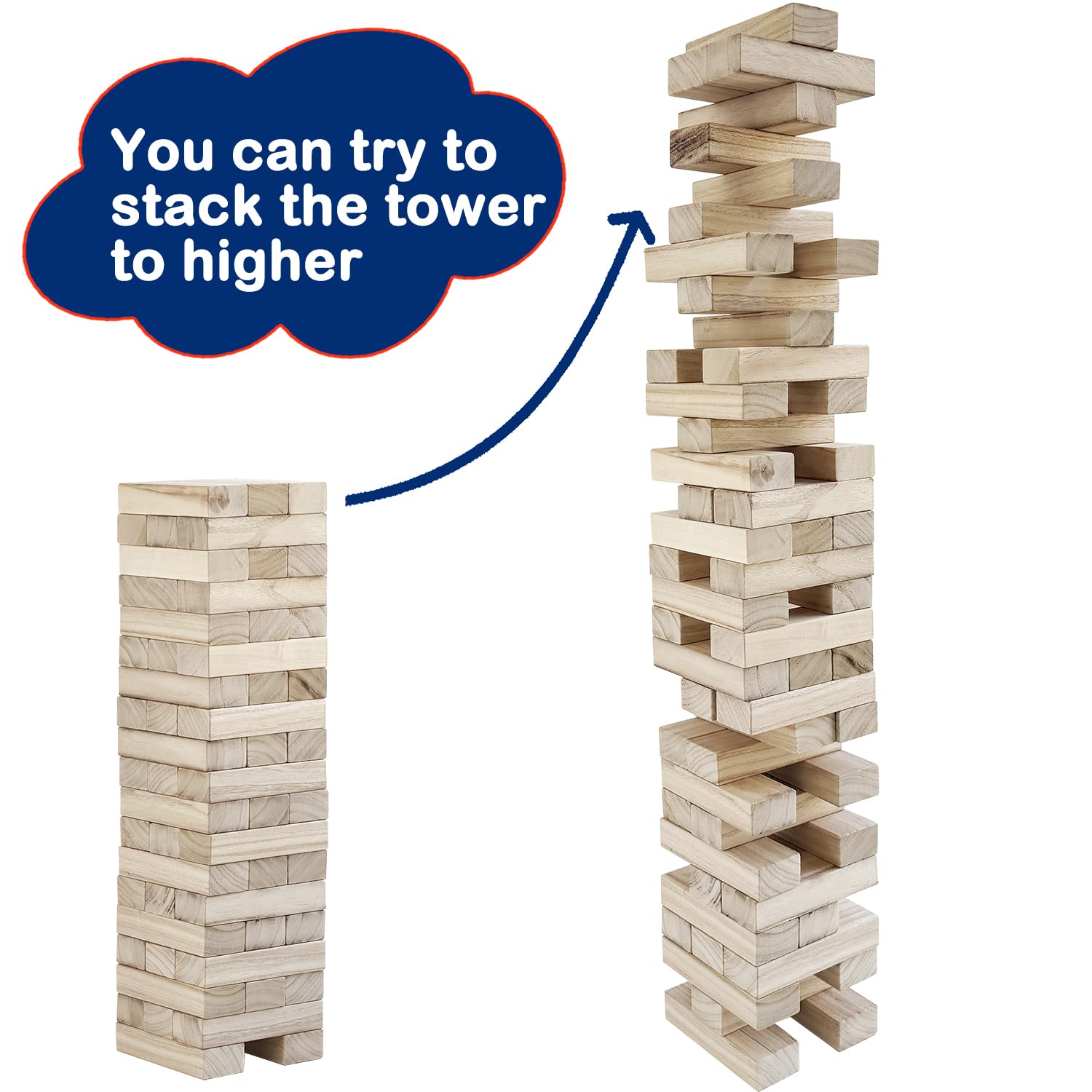 Jac & Mok Tumble Tower Wackelturm 60 Stück Kiefernholz Toppling Blocks Spielzeug mit Tragetasche