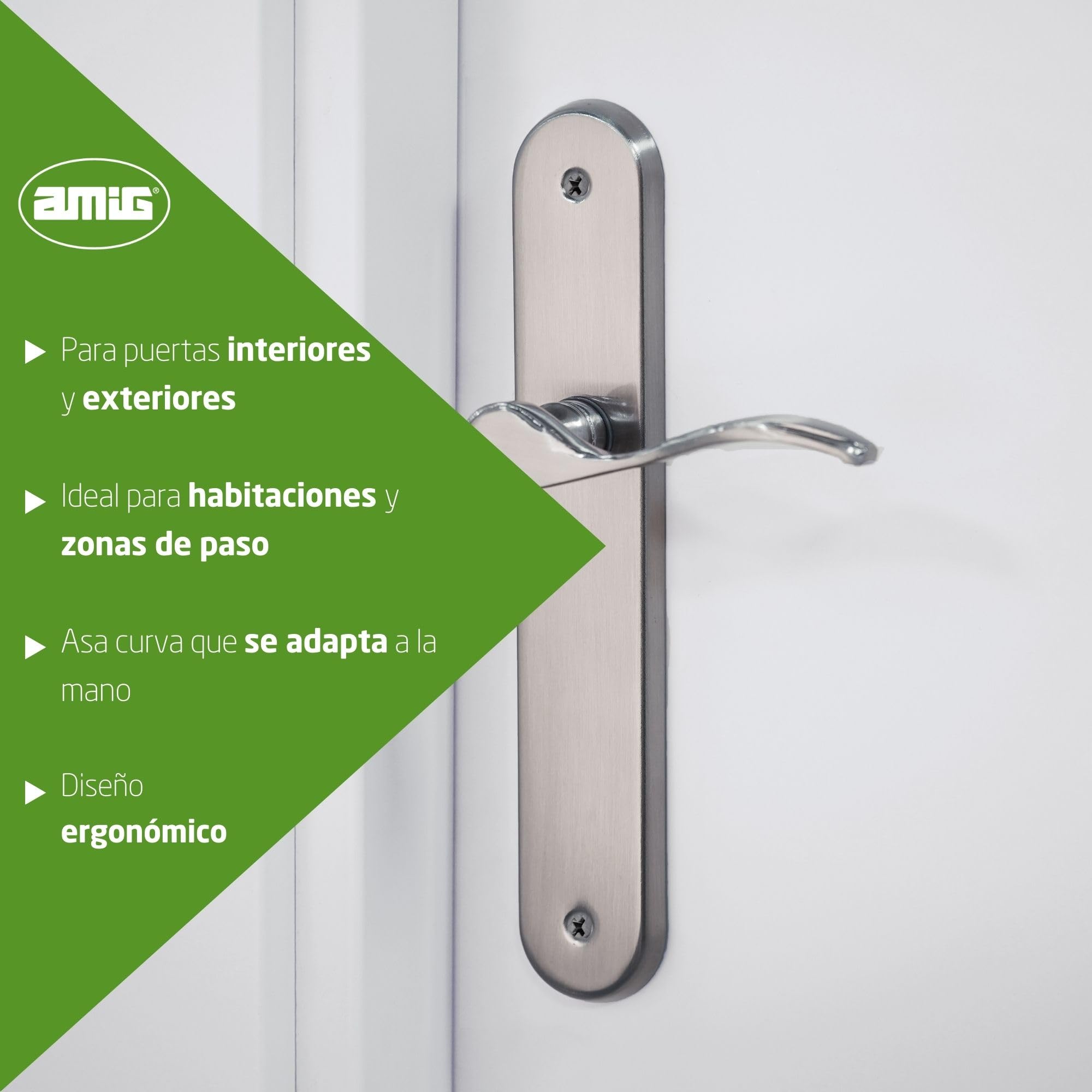 Amig - Pack de 4 Juegos de Manillas para puertas - Manivela funcional y ergonómica - Placa ovalada de Acero y Tirador de Zamak - Plateado mate - Sin bocallave - 237 x 40 x 55 mm