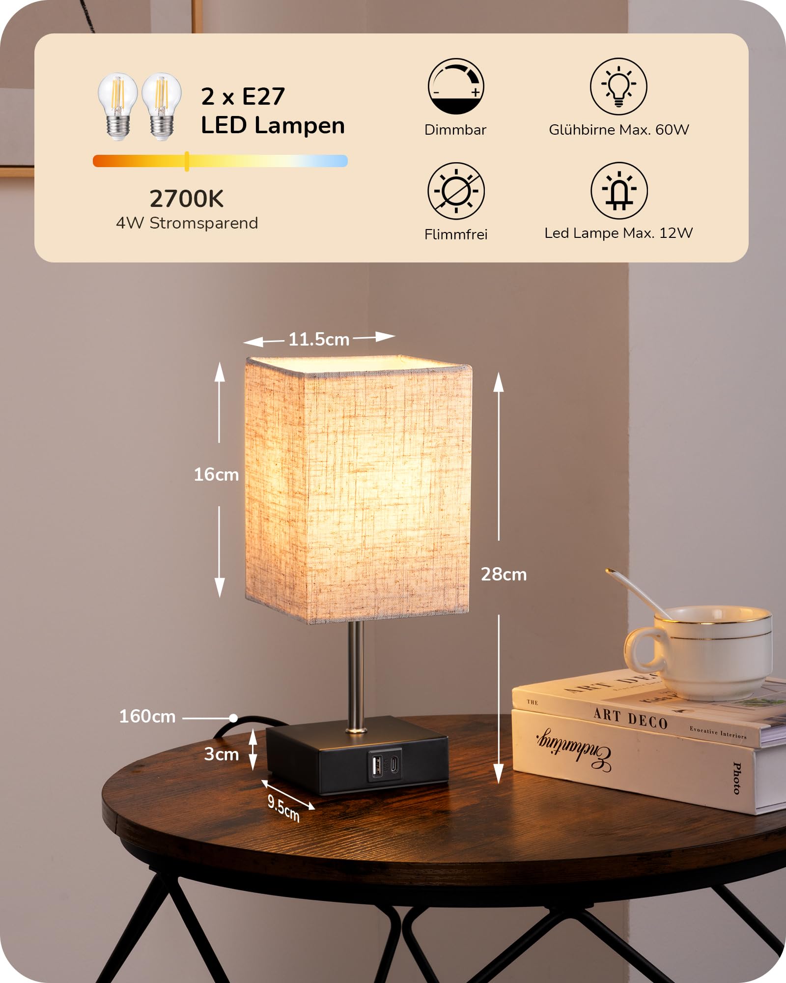 EDISHINE LED Nachttischlampe Touch Dimmbar 2er Set, Tischlampe Modern, Kleine Lampe, mit Ladefunktion, 2 USB Anschlüsse, für Schlafzimmer, Wohnzimmer, Fensterbank, Geschenk, Beige