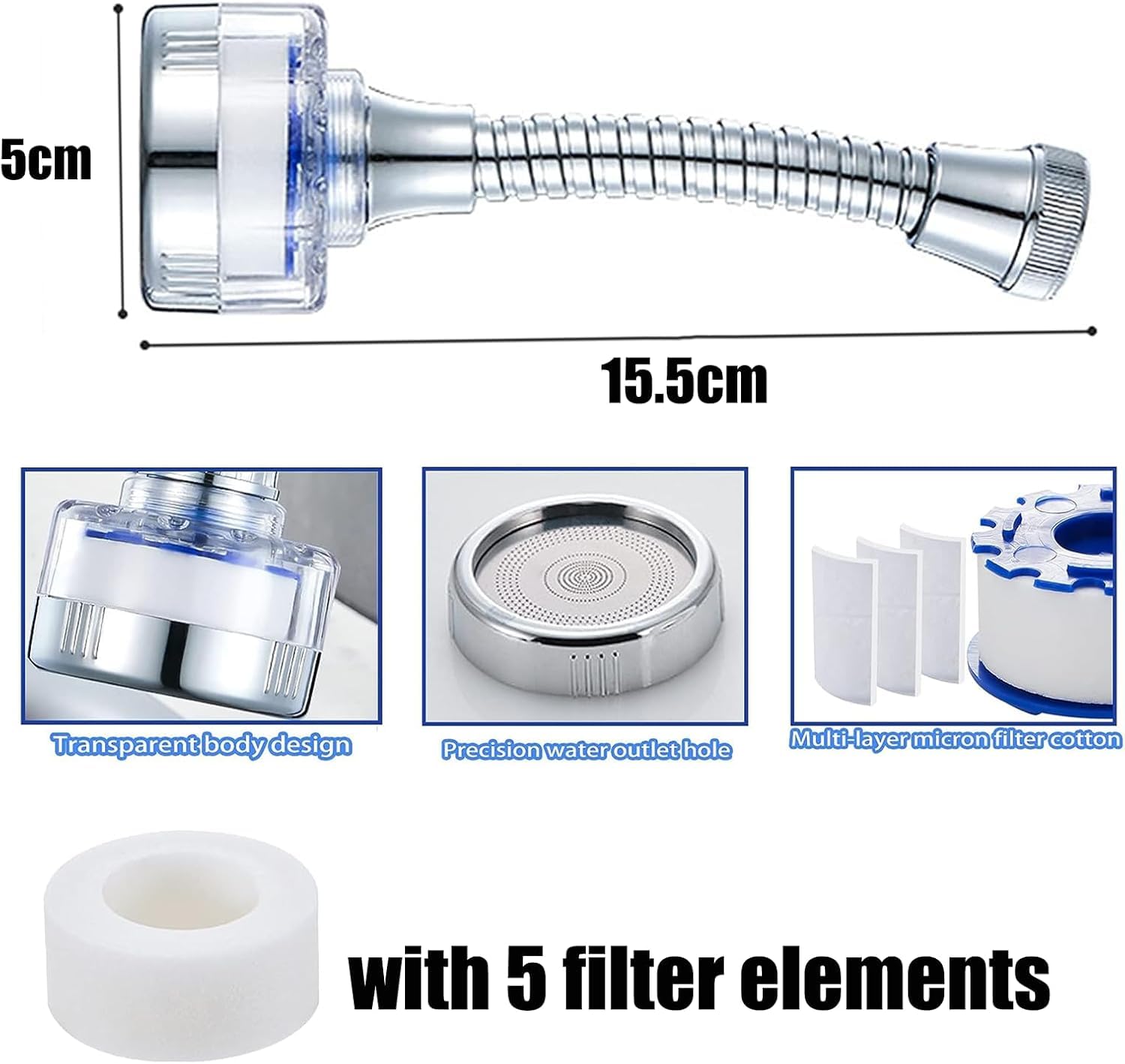 Filtro de Agua de 360° para Grifo de Baño con 5 Cartuchos Filtrantes, Filtro para Grifo de Lavabo con Tubo Extensible para Cocina y Baño, que elimina cloro, fluoruro, metales pesados y agua dura.