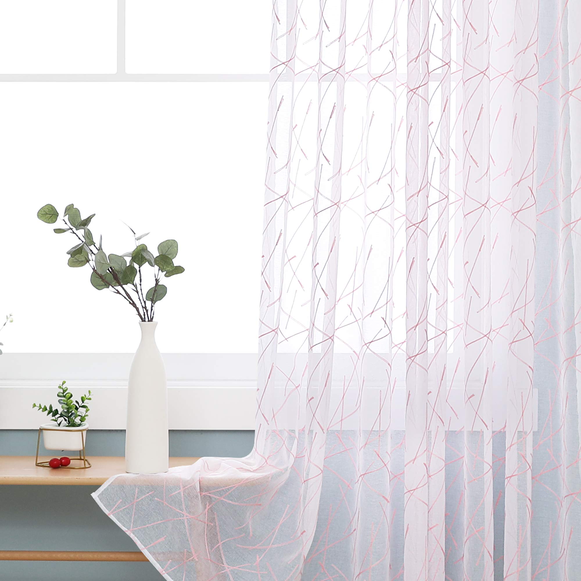 Deconovo Linen Effect Sheer Curtains Super Soft Eyelets Net Curtains Plain Embroidered Voile Curtains for Bedroom 55 x 69 Inch Pink Two Panels