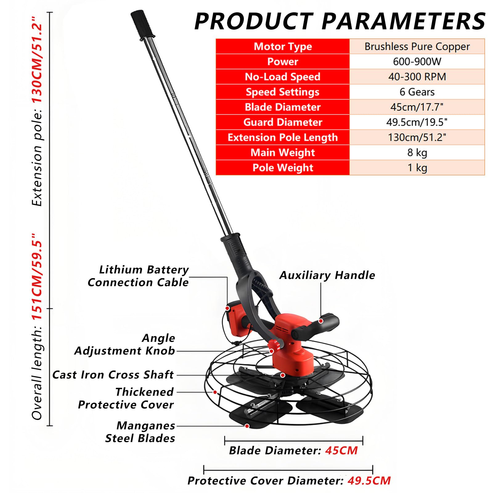 Llanta EléCtrica para HormigóN, Mortero De Cemento, para Tratamiento De Paredes Interiores Y Exteriores, Pulidora De Suelos Comercial, con Protector De 49,5 Cm 30000mAh