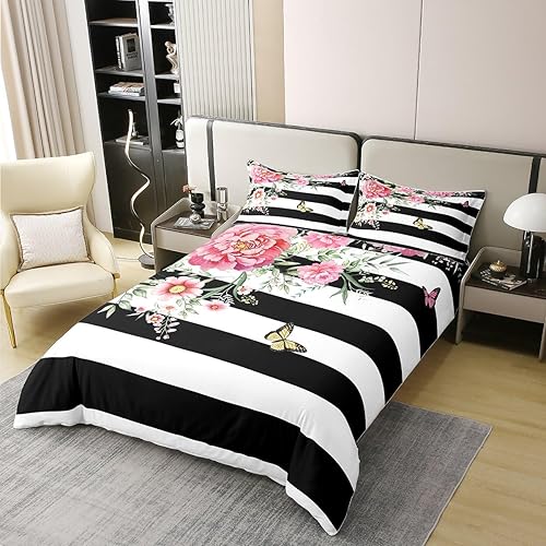 Miniatura 2 de Juego de funda de edredón de 100 % algodón natural con diseño floral rosa, a rayas blancas y negras, funda de edredón rosa y negra, rosa con