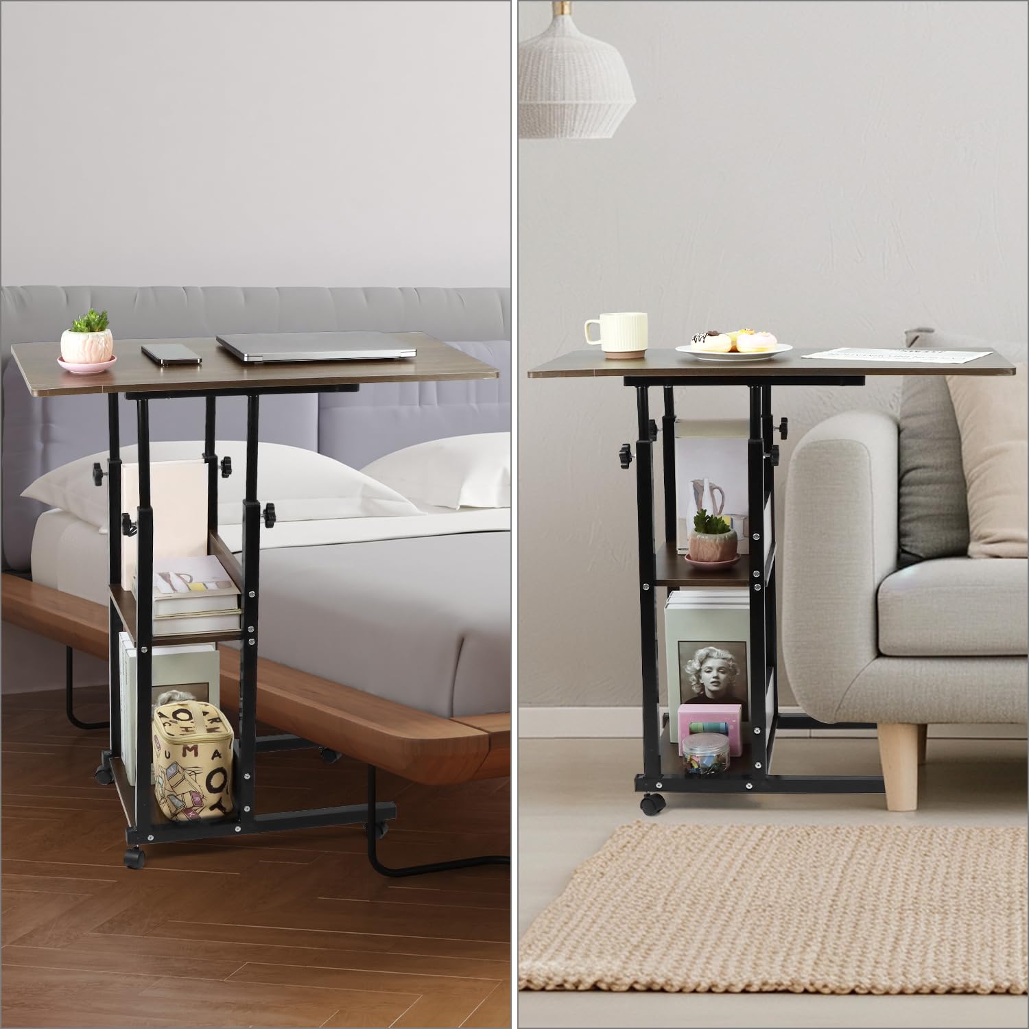 QWORK Mesa auxiliar, 80 x 40 cm, escritorio con ruedas, mesa ajustable en altura, mesa de sofá, para dormitorio o salón