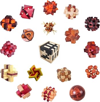 18 Pack Large Wooden Brain Teaser Puzzles Wooden Burr Puzzles Brain Teaser Puzzle with Gift Packing Box Magic Puzzle Games Toys Stocking Stuffers Party Favors for Kids and Adults Classical Wood