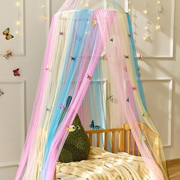 Rainbow Bed Canopy with Butterflies for Girls,Breathable Canopy Bed Curtain for Bed,Princess Play Tent for Kids Room Reading Nook