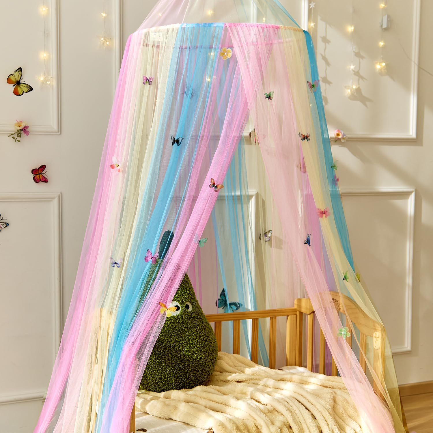 Wnqou Rainbow Bed Canopy for Girls,X-Large Princess Canopy Hanging Netting Bedroom Decor for Girls Mosquito Net for Baby Crib Twin to King Size Bed (Rainbow+butterfly)