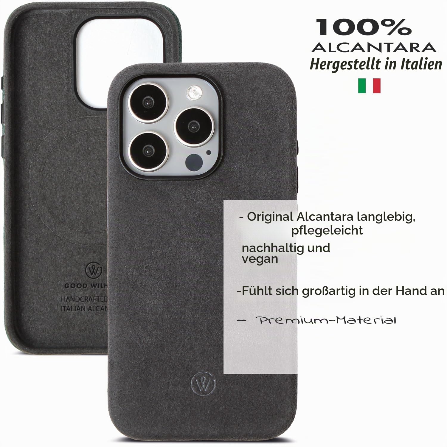 Alcantara-Hülle Kompatibel mit iPhone 15 Pro, Ultra-schlankes und rutschfestes Premium-Case, stoßfest und kabelloses Laden unterstützend (iPhone 15 Pro)