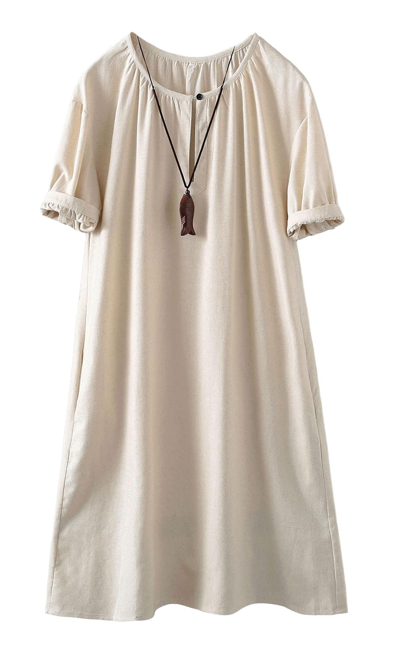 Women's Cotton Linen Dress Short Sleeve Midi Casual Plus Size Tunic Dress with Pockets