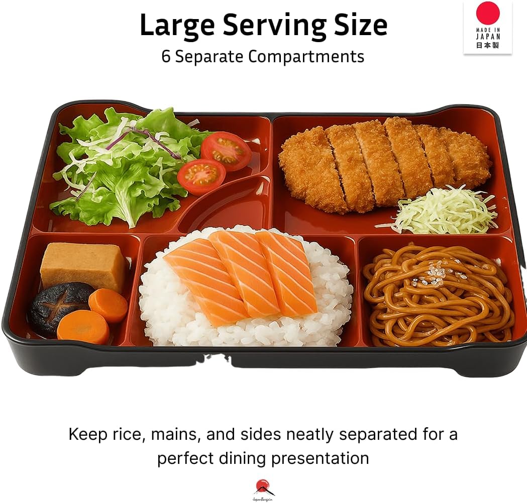 JapanBargain 1590, Japanese Lunch Bento Box Traditional Plastic Lacquered Bento Plate 6 Compartments for Restaurant or Home, Red and Black Color, 14"x9.25", Made in Japan, 2 Pack