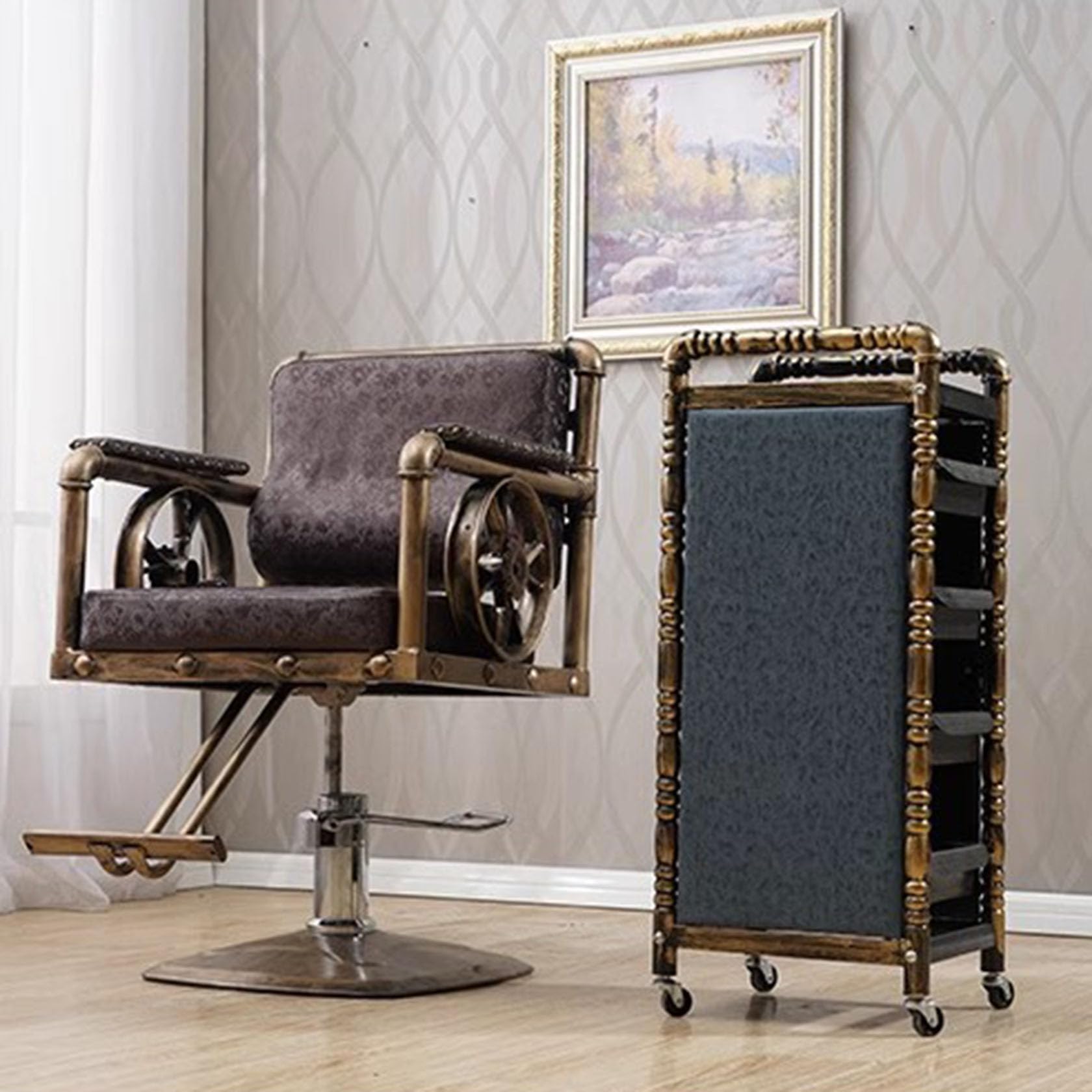 ダークブラウン バーバーチェア 回転式美容椅子