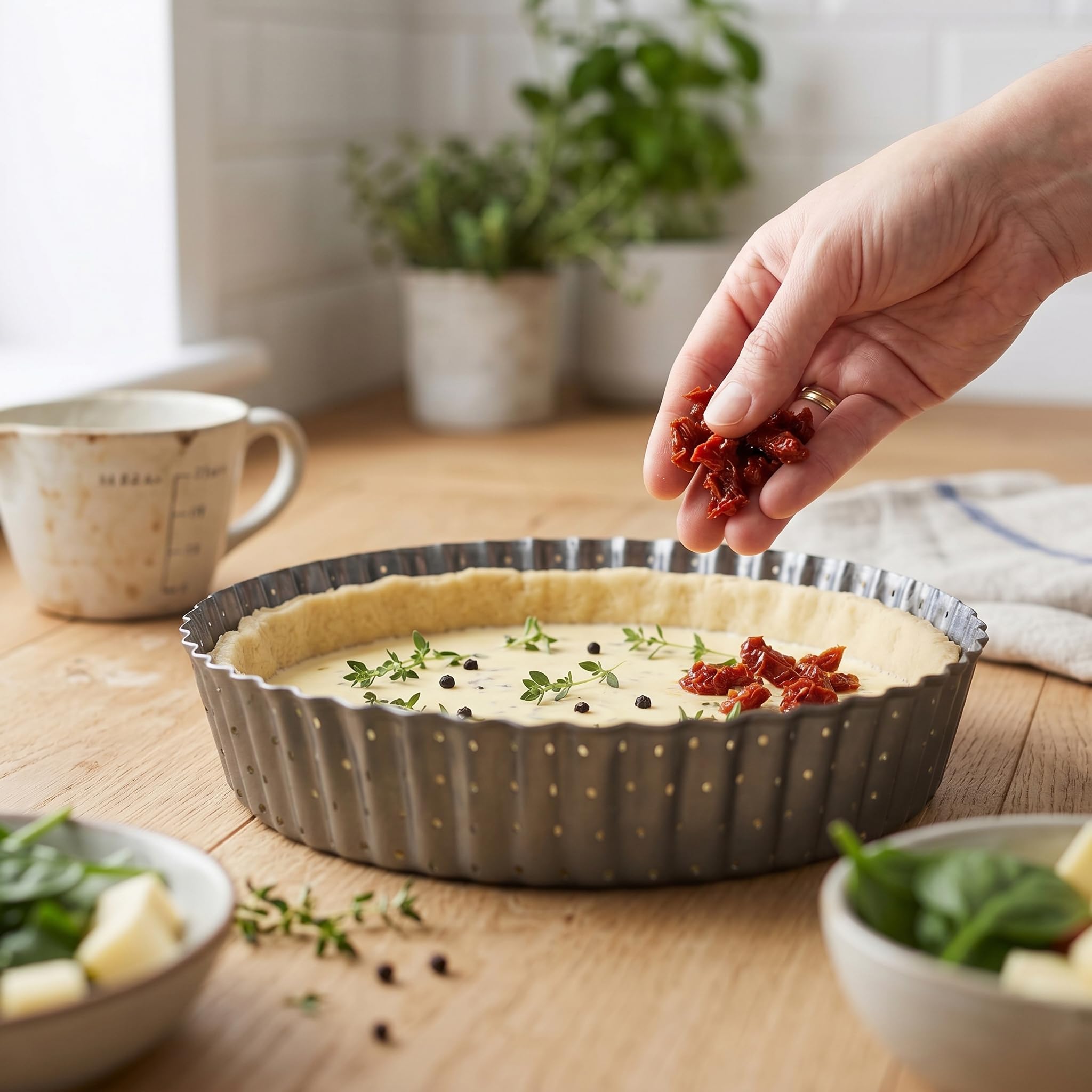 Moule à Tarte Perforé - Moule à Quiche avec Fond Amovible - Plat/Moule Tartelette - Moules à Gâteaux Rond - Revêtement Antiadhésif - Moule à Flan Haut - Ø 24 cm - Hauteur 5 cm