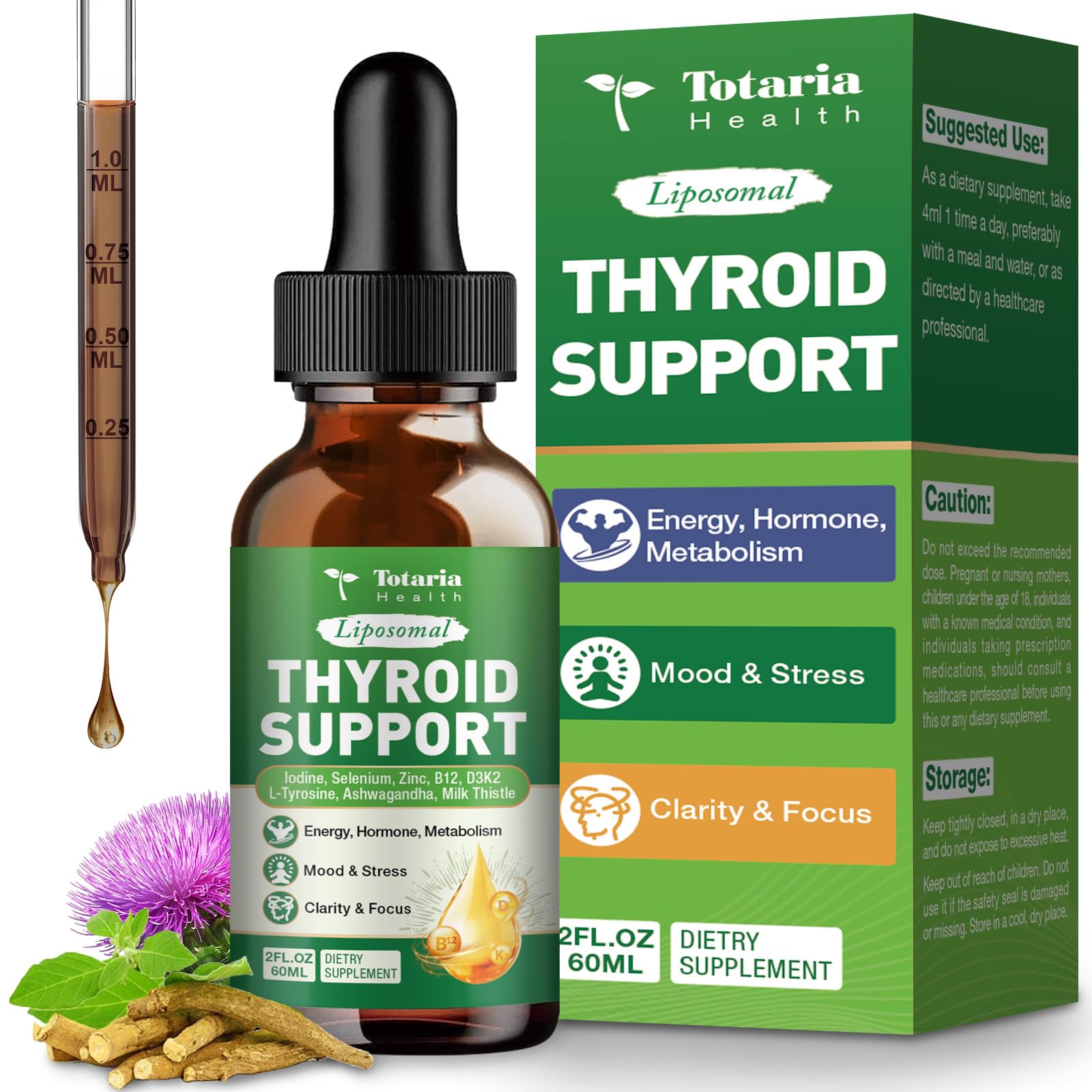 Totaria Thyroid Support for Women & Men, Selenium, Iodine, Zinc, L-Tyrosine, Ashwagandha, B12, Milk Thistle, Kelp, Bladderwrack, Energy, Metabolism, Hormone & Mood, 4 Fl.Oz — Amazon image 11