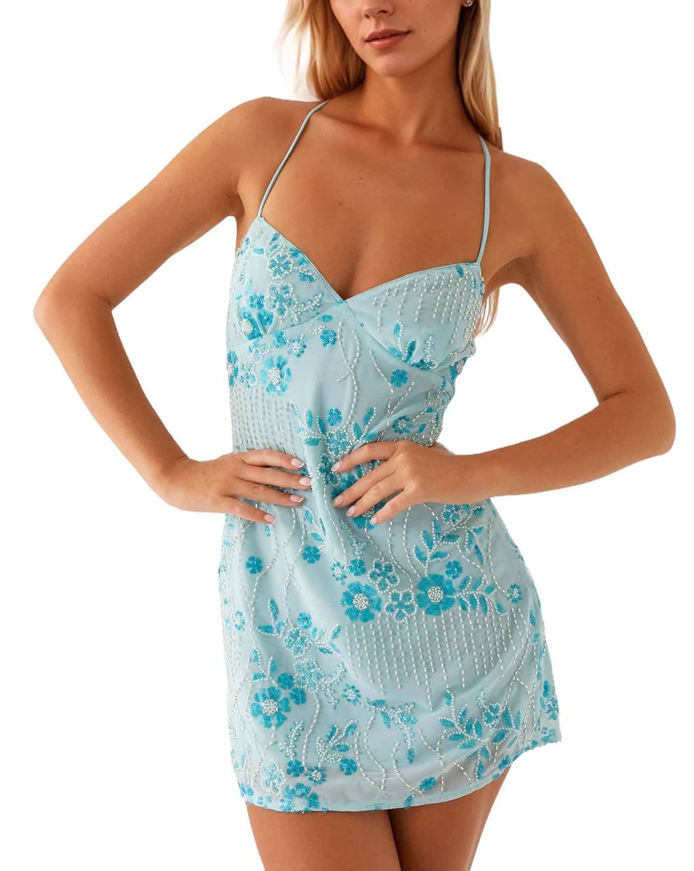 MISSACTIVER Sleeveless Sequin Dress for Women Backless Criss Cross Straps Mini Dress Sexy Sparkle Short Dresses Party Sleeveless · Floral