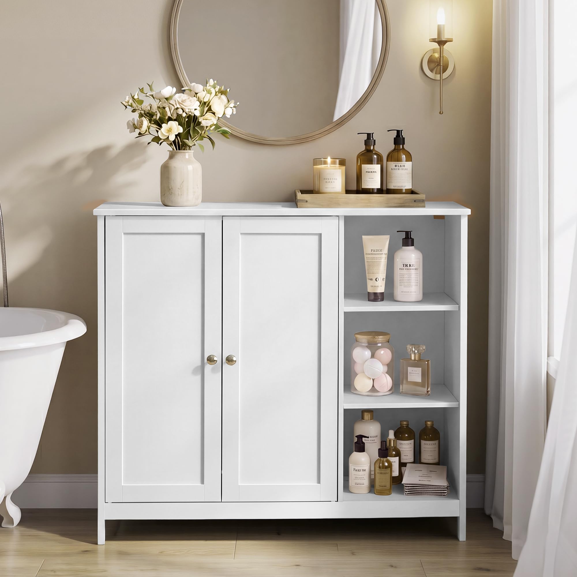 VASAGLE Mueble de Baño, Armario de Suelo de MDF con 2 Puertas y 3 Estantes Abiertos, Estantes Ajustables, 90 x 30 x 80 cm, para Baño, Salón, Blanco Nube, Colección Siren BBK070WB01