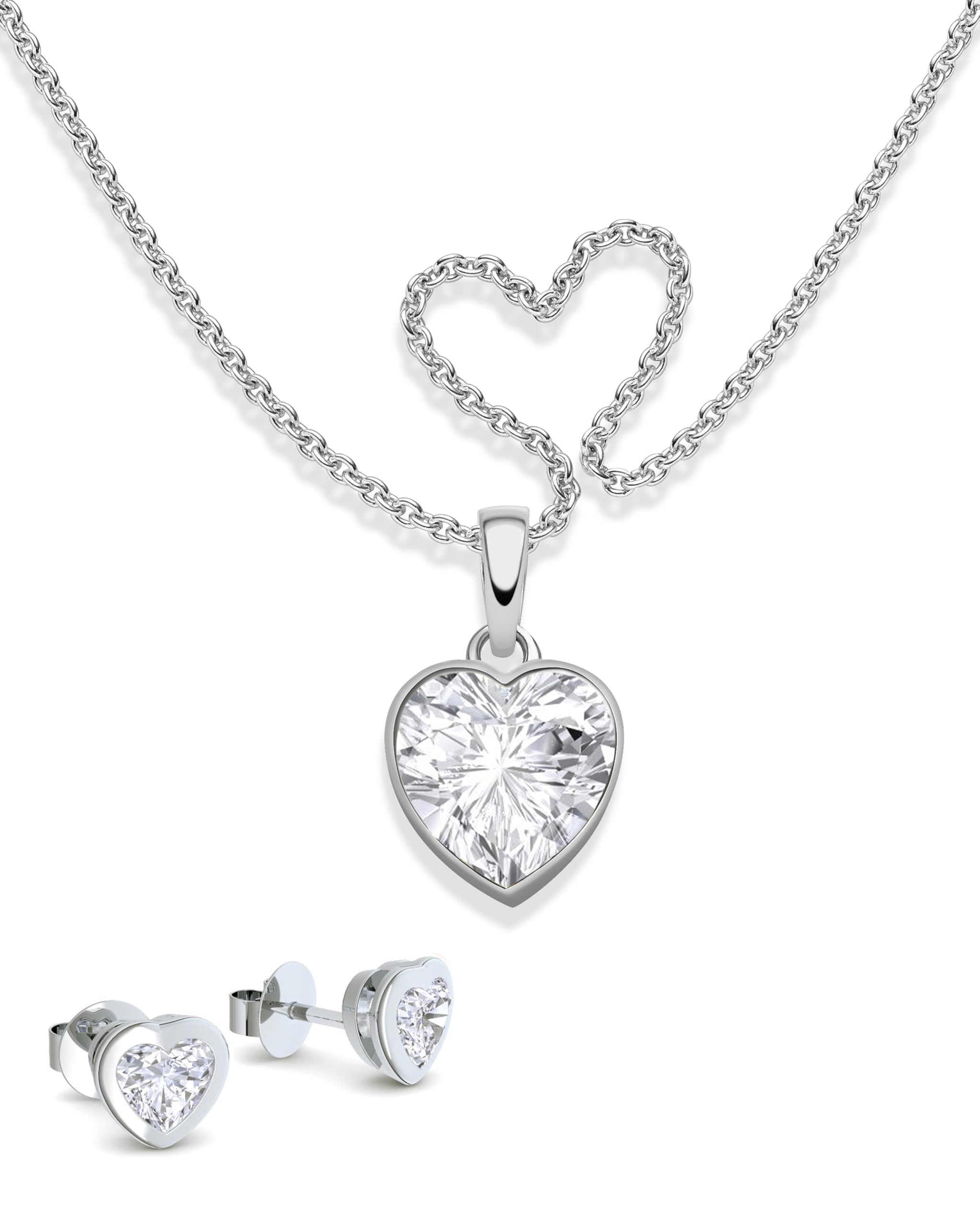 Schmuckset Mädchen Herz Silber 925 und Gold / Rosegold vergoldet, Herzkette | Kette Halskette Herzanhänger Ohrringe Ohrstecker Kinder, Kinderschmuck Schmuck Set Geschenk Einschulung Geburtstag