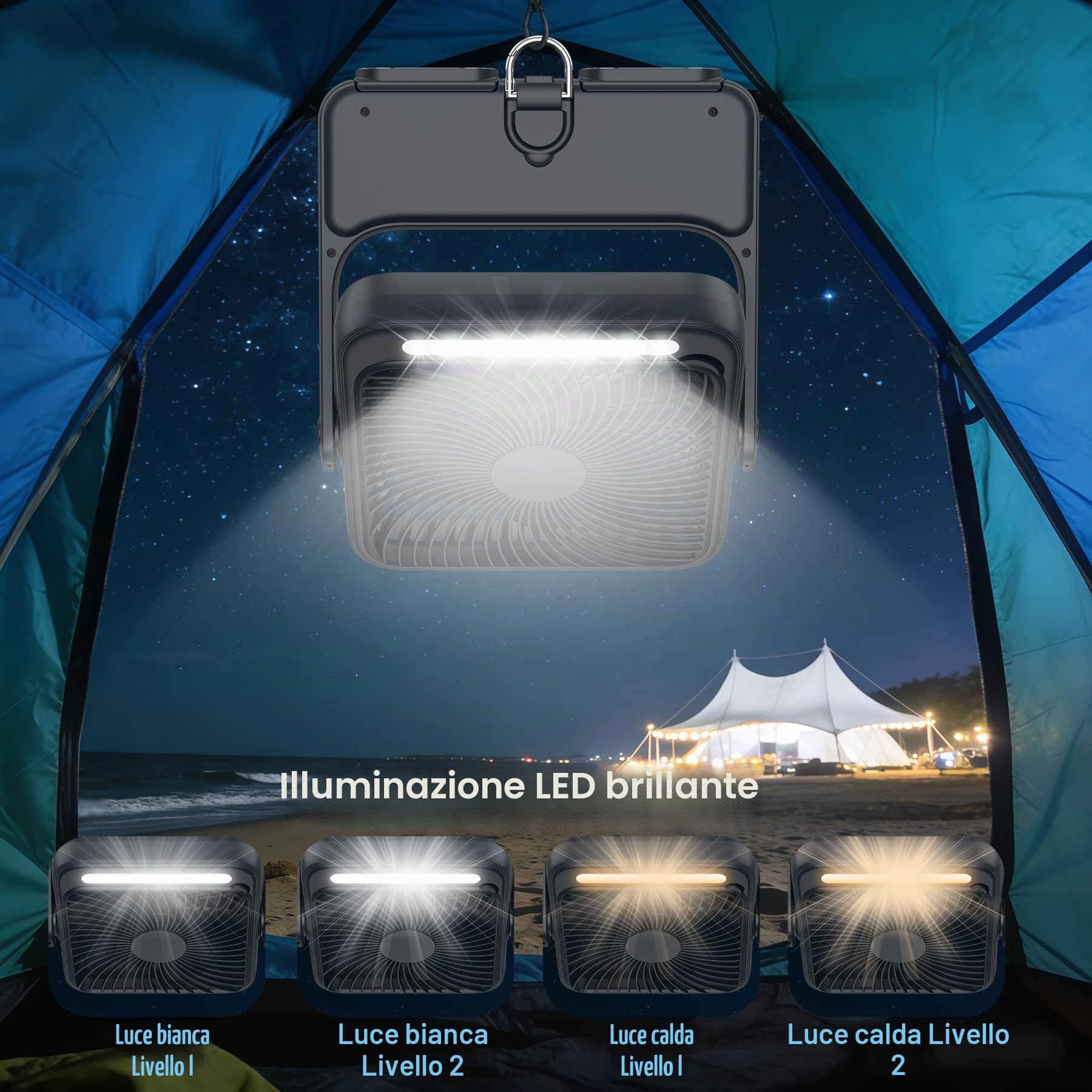Ventilatore Portatile 20000mAh Campeggio USB Ventilatore da Tavolo con Luce LED, 4 Velocità, 12-43 ore di Funzionamento, Smart Display, Riduzione del rumore, per Ufficio, Casa ed Esterno (Nero)