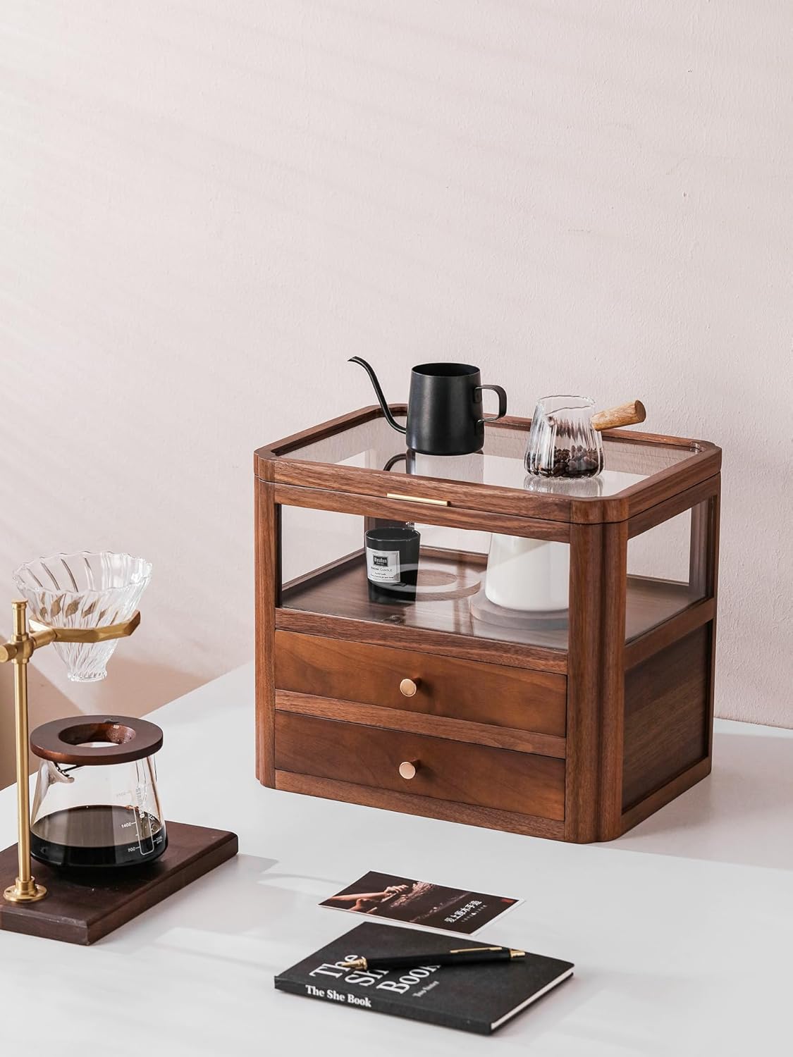 Walnut Wood & Glass Storage Cabinets Desktop Organizers Countertop with Drawers (SYJ-SCWD02)