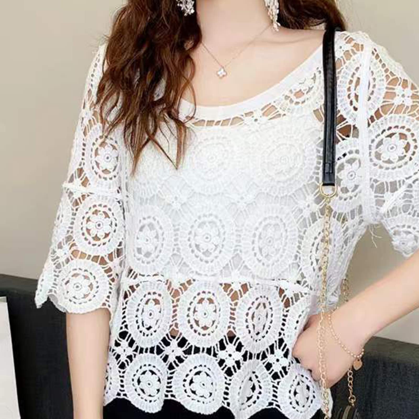 T-shirt d'été à manches 3/4 pour femme - Style bohème hippie - En tricot - Motif floral